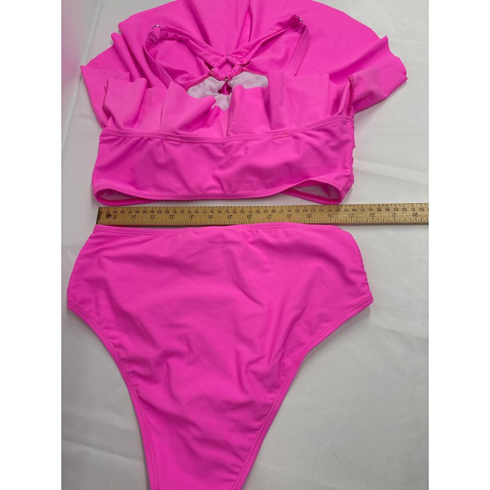 NEW Women’s pink two piece swimsuit bikini set Sz Large high cut leg ruffle trim - Picture 5 of 8